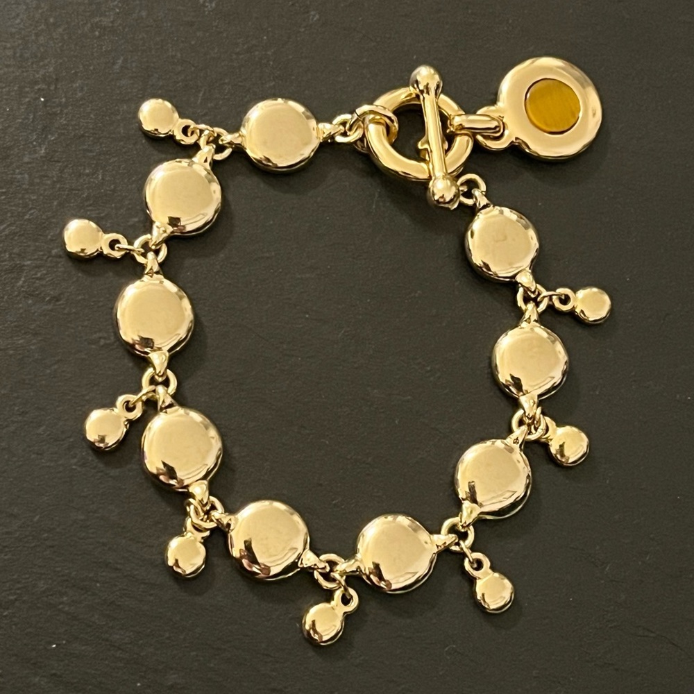 Sparkling Gold Tone Disc Link 8” Bracelet With Tiger Eye Toggle - Picture 10 of 12